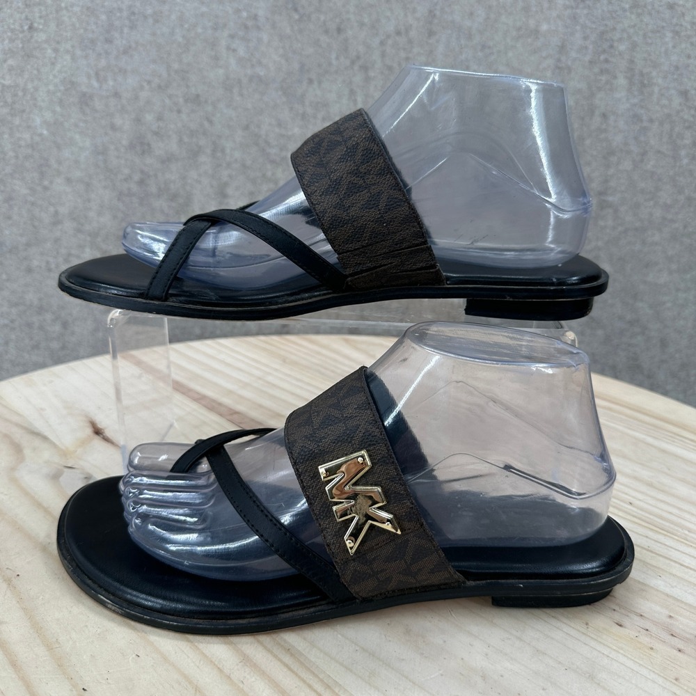 Michael Kors Sidney Flat Sandals Womens 8.5M Brown Black Logo Thong Slide